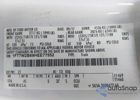 2017 Ford F-250 Xl from USA, damaged, VIN 1FT7W2B69HEE77552